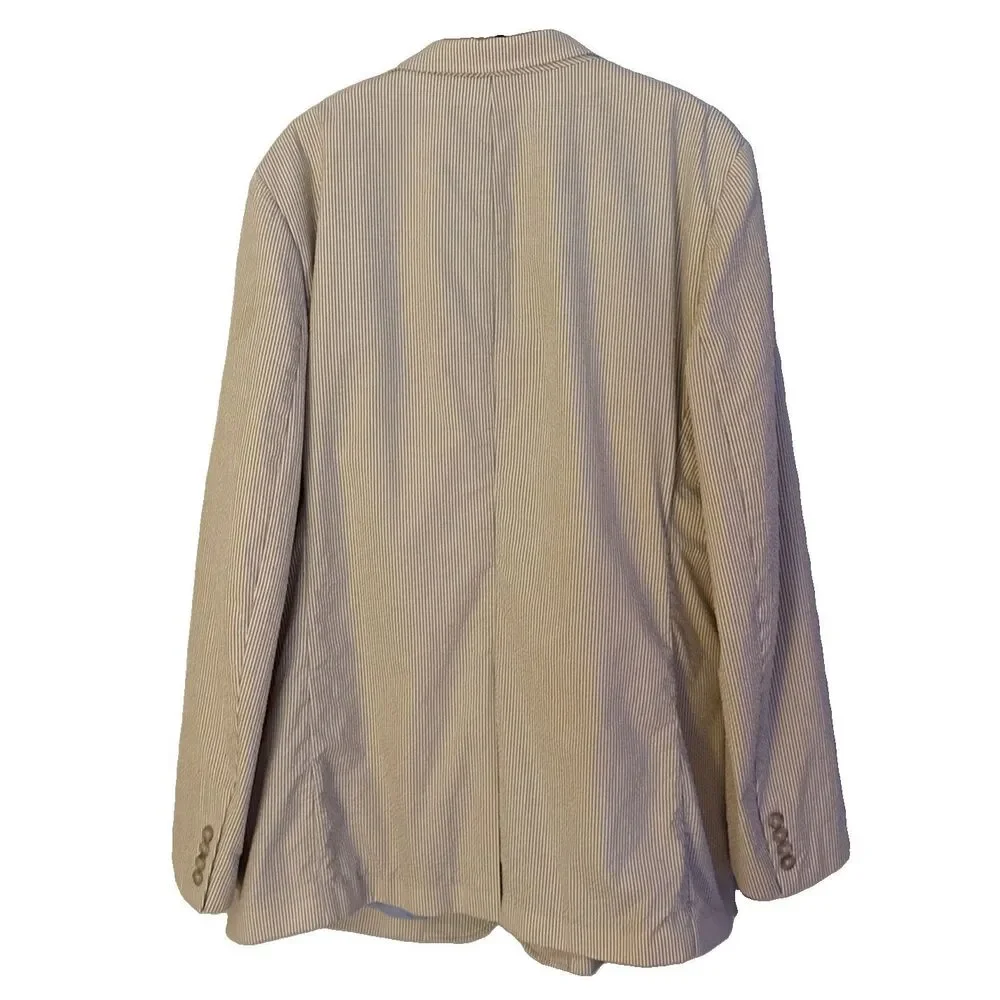 J Crew Seersucker Blazer Mens Size 46 Long Khaki White Striped Cotton Sport Coat